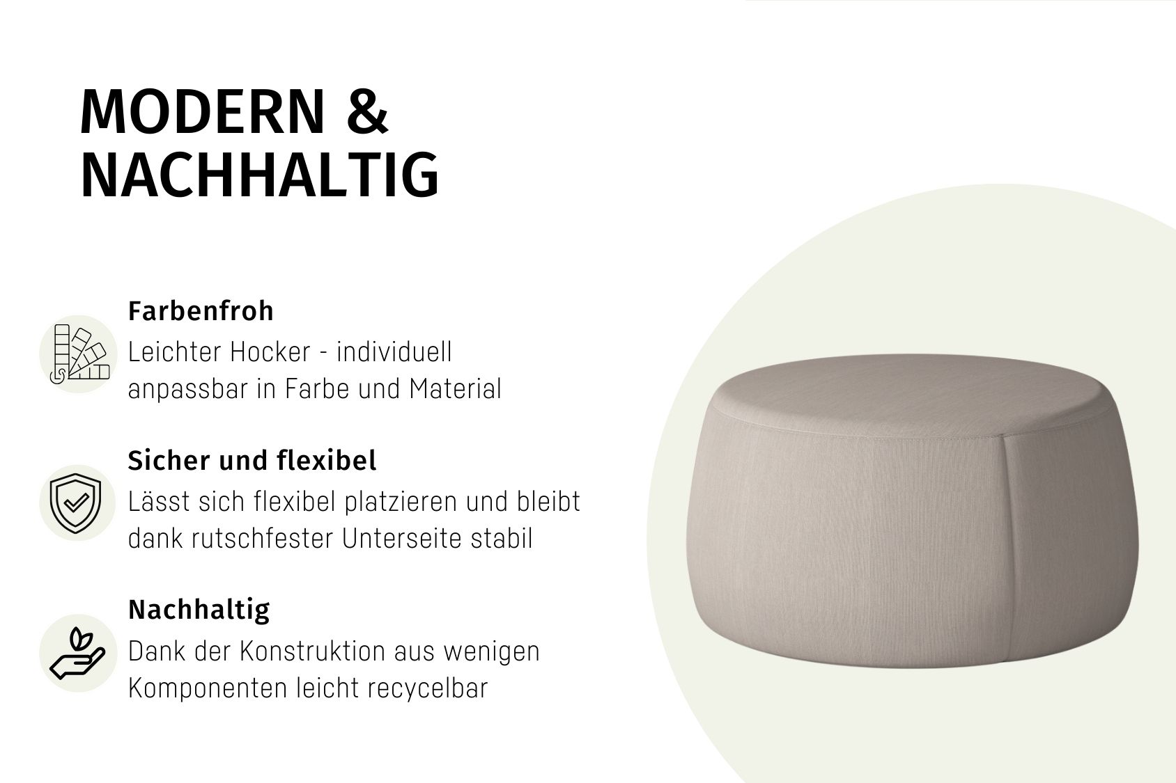 se:dot Hocker mit modernem, abgerundetem Design, individuell anpassbar in Farbe und Material, rutschfeste Unterseite, nachhaltig und leicht recycelbar