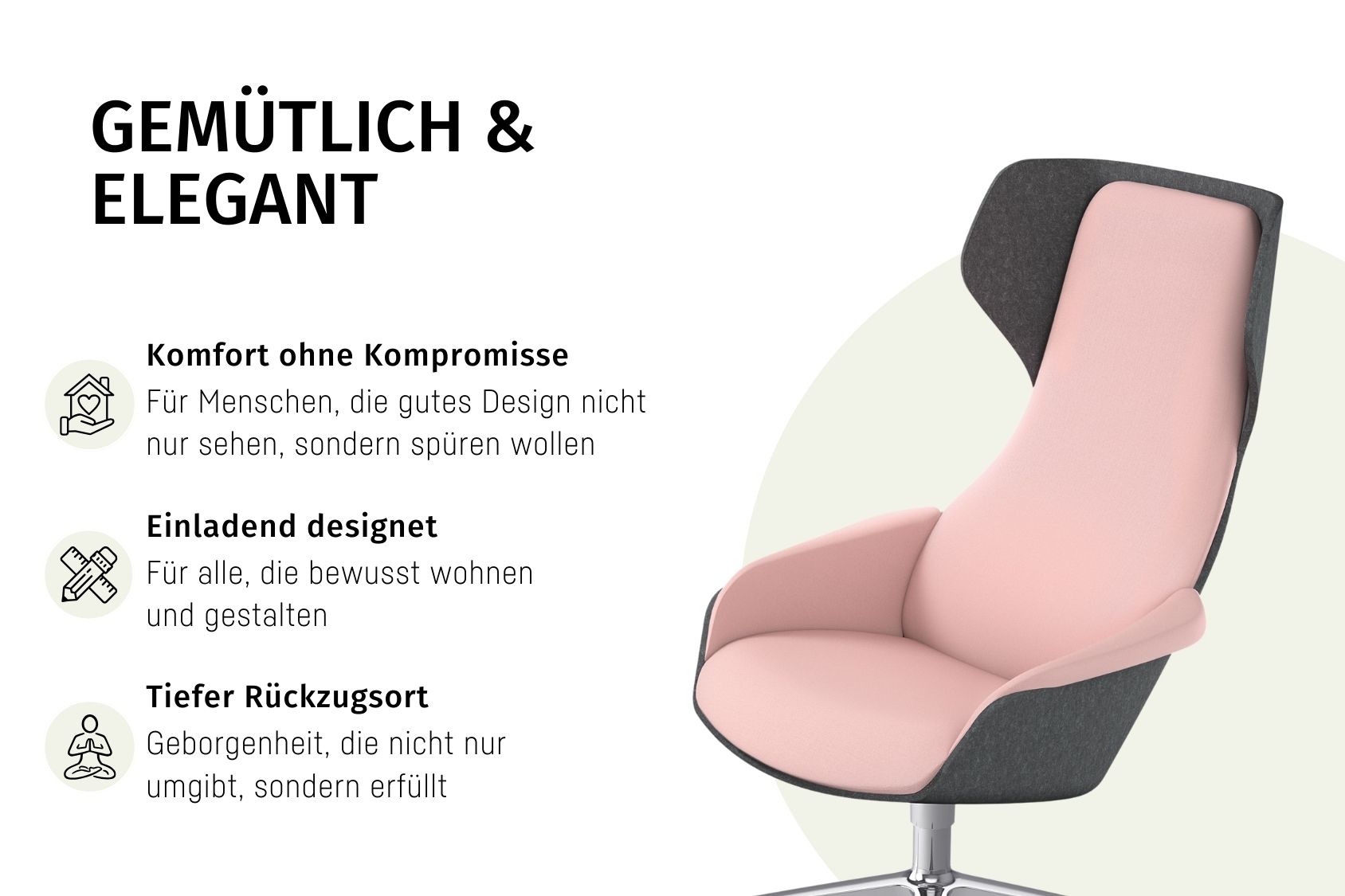 se:lounge Sessel mit elegantem, gemütlichem Design in Rosa und Dunkelgrau, hoher Rückenlehne und drehbarem Metallfuß. Text: 'GEMÜTLICH & ELEGANT', Komfort ohne Kompromisse, Einladend designt, Tiefer Rückzugsort.