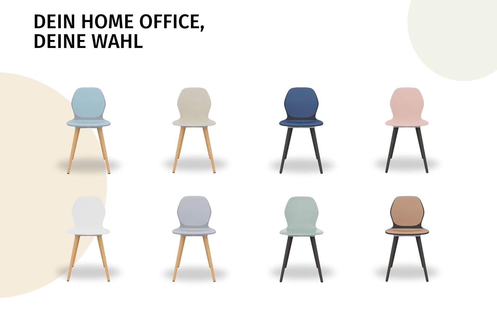 Acht se:spot Stühle für Home Office in verschiedenen Farben und Designs mit Holzbeinen in schwarz oder Naturfarben, Text 'DEIN HOME OFFICE, DEINE WAHL'