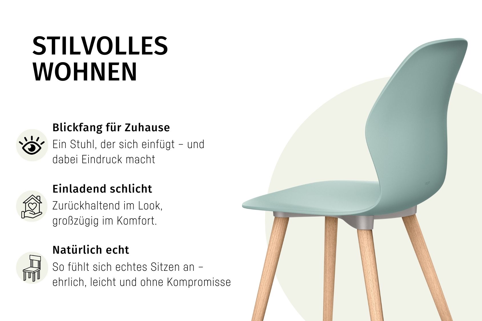 Stilvolles Wohnen mit dem se:spot Stuhl, der sich elegant einfügt, schlicht und komfortabel ist, mit natürlichem Sitzgefühl und Holzbeinen.