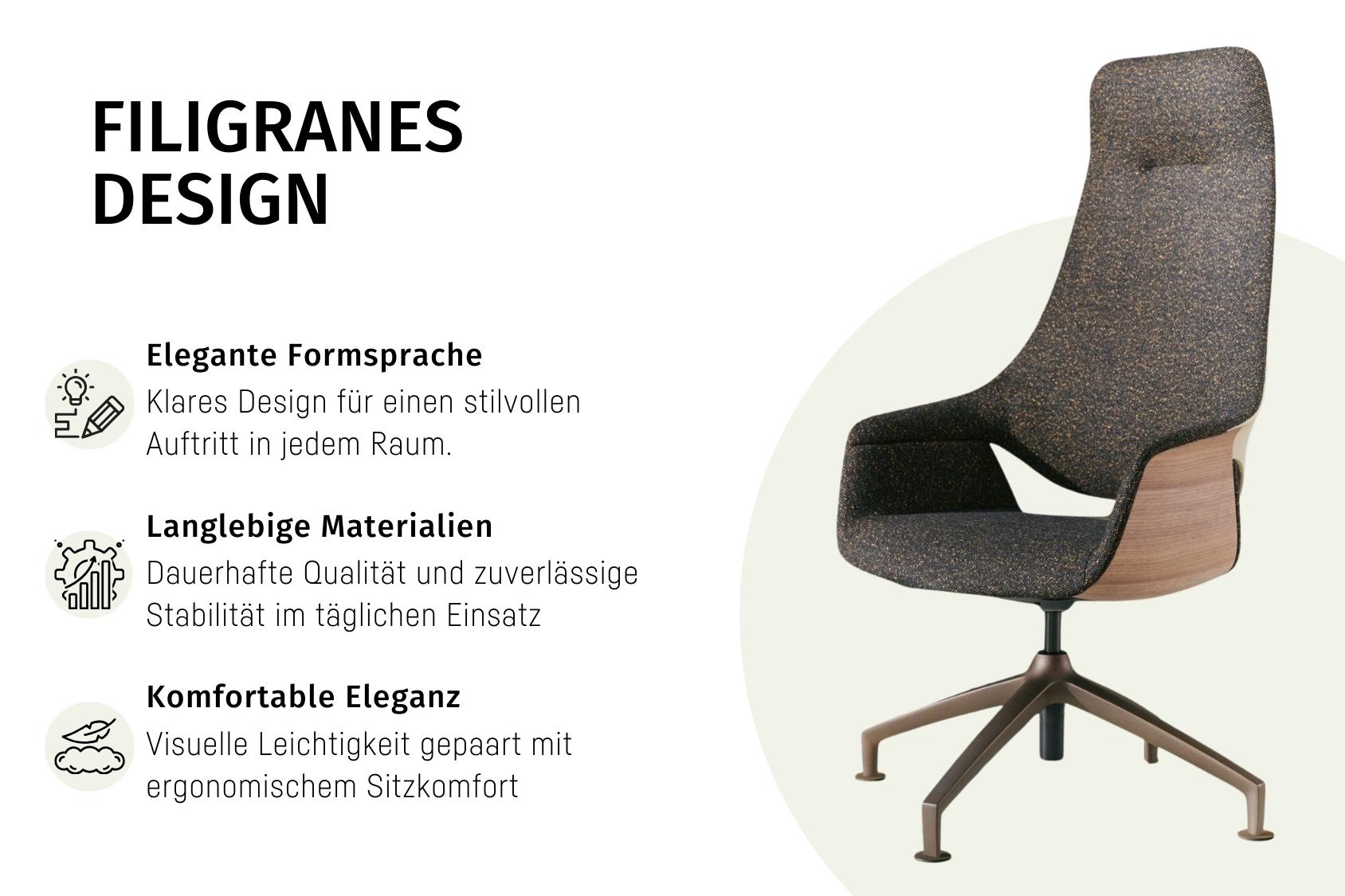 Der se:mission Stuhl mit elegantem, klarem Design, langlebigen Materialien und ergonomischem Sitzkomfort, dargestellt mit Text zu Design, Qualität und Komfort.