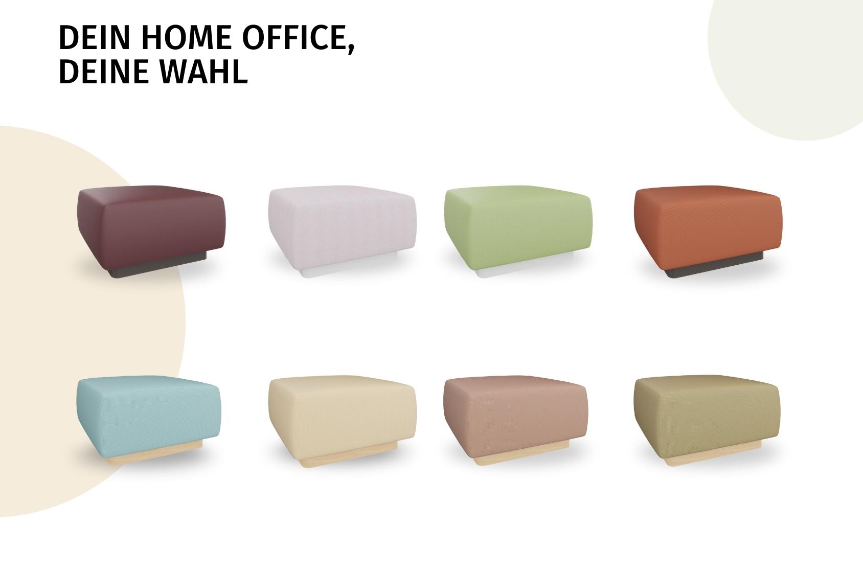 se:living Hocker in acht rechteckigen, gepolsterten Designs in verschiedenen Farben, Text 'DEIN HOME OFFICE, DEINE WAHL' oben links