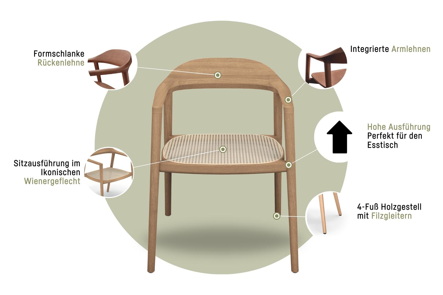 se:cafe wooden chair mit formschlanker Rückenlehne, integrierten Armlehnen, Sitz aus Wiener Geflecht, hoher Ausführung für Esstisch, 4-Fuß Holzgestell mit Filzgleitern
