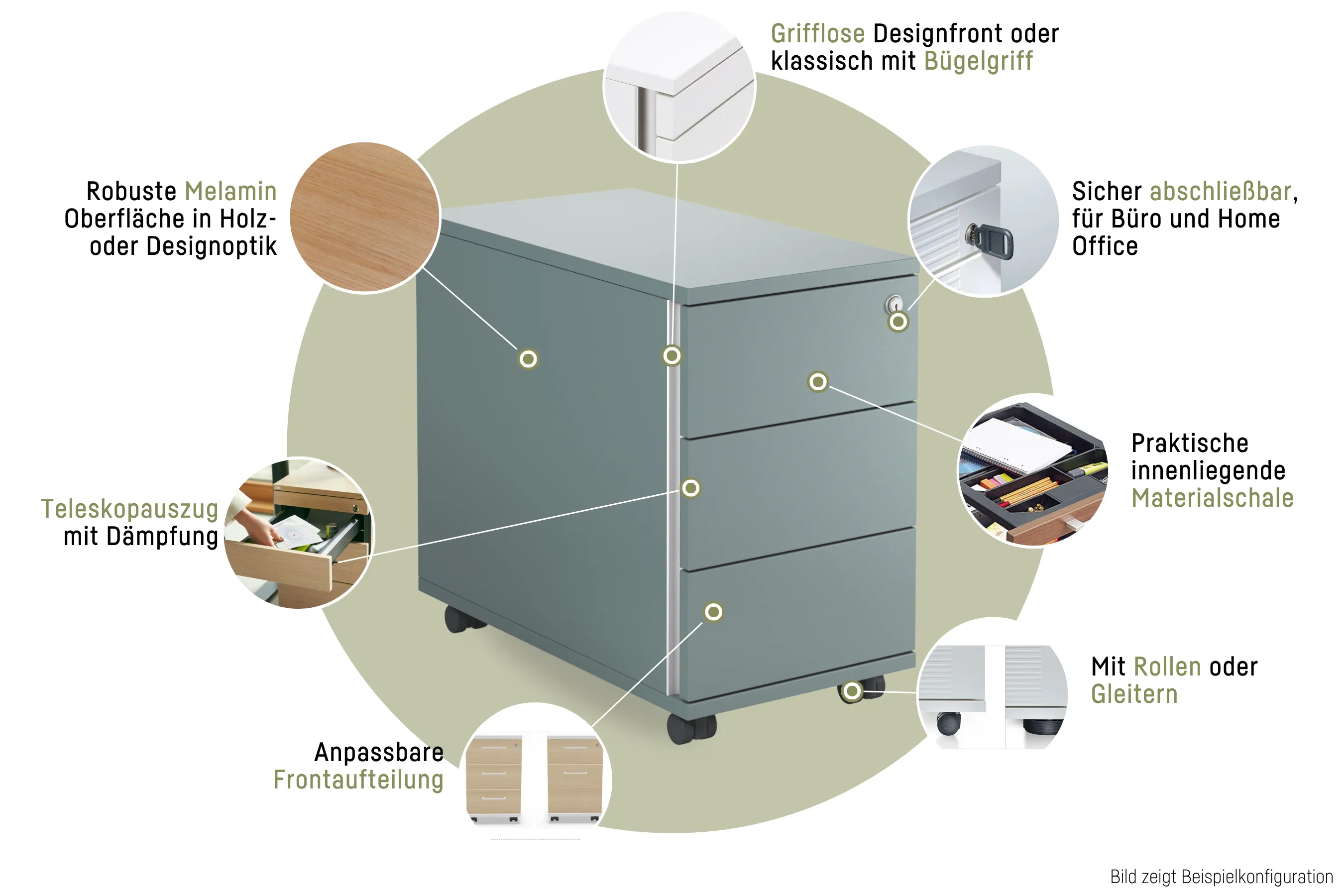 Fjordgrüner sedus Rollcontainer mit Schließmechanismus, Teleskopauszug, Rollen, Materialschublade und Melaminoberfläche