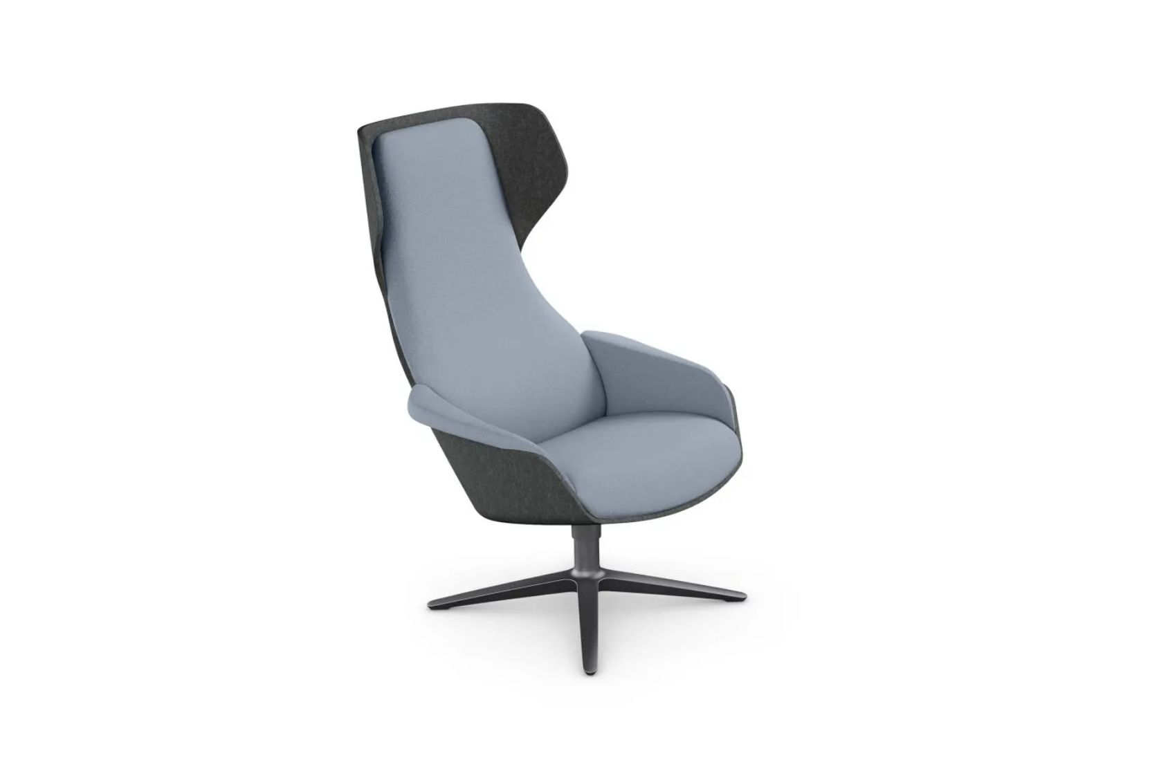 se:lounge Sessel mit hohem Rücken, ergonomischem Design, graublauem Polster und schwarzem Außenbezug auf schwarzem Drehfuß