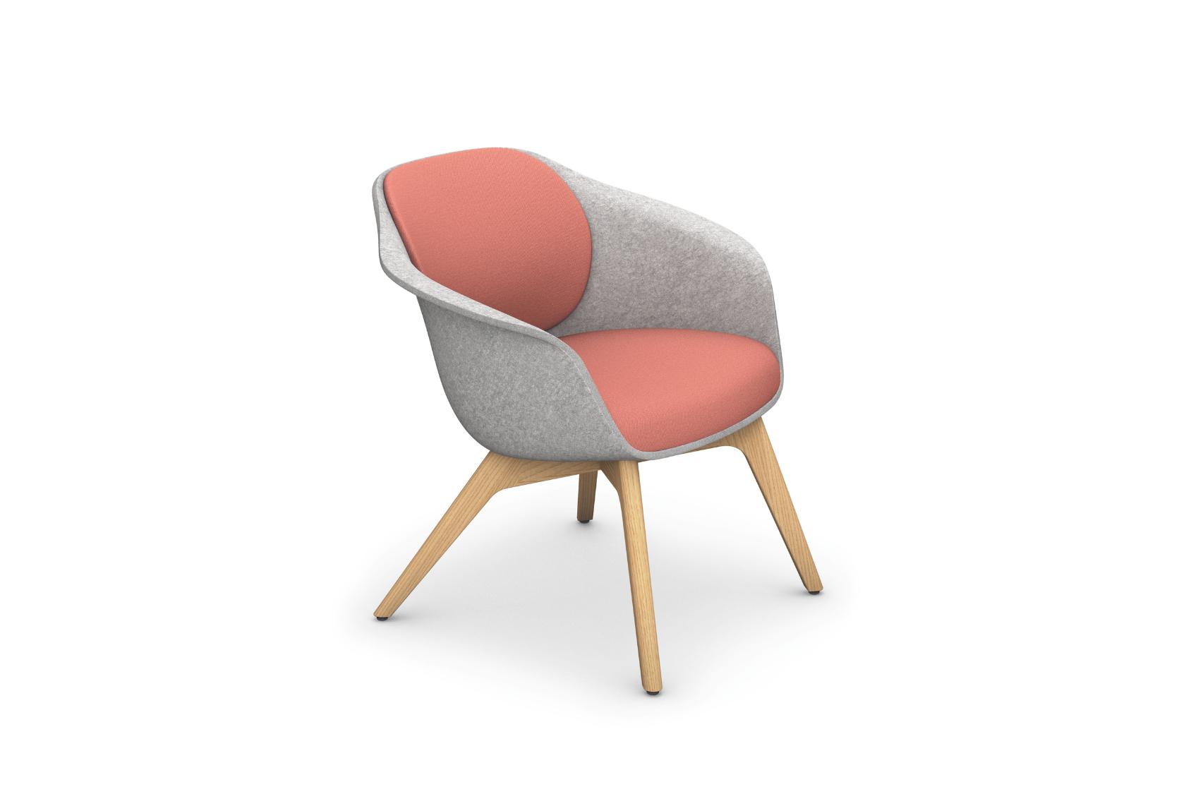 se:lounge light Sessel mit grauer Schale, rotem Sitz- und Rückenpolster, vier Holzbeinen
