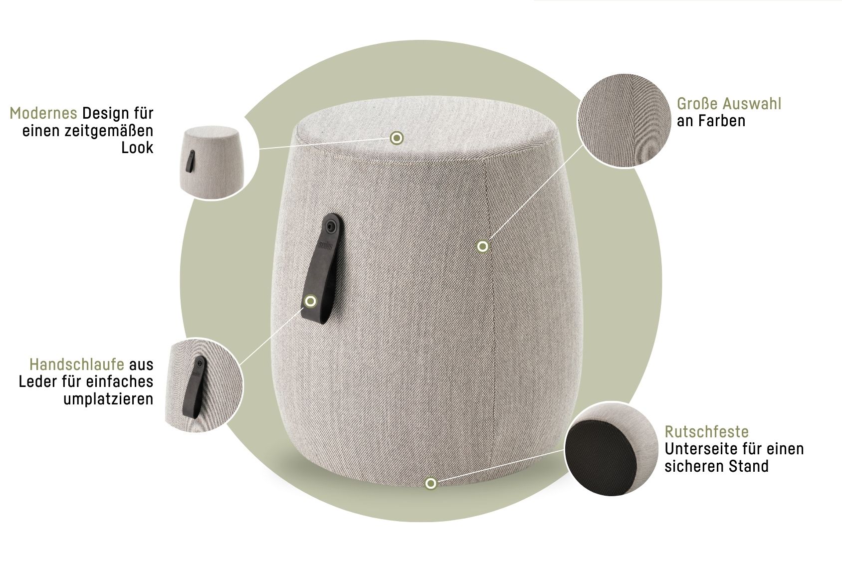 se:dot Hocker mit modernem, zeitgemäßem Design, Leder-Handschlaufe zum einfachen Umplatzieren, große Farbauswahl, rutschfeste Unterseite für sicheren Stand