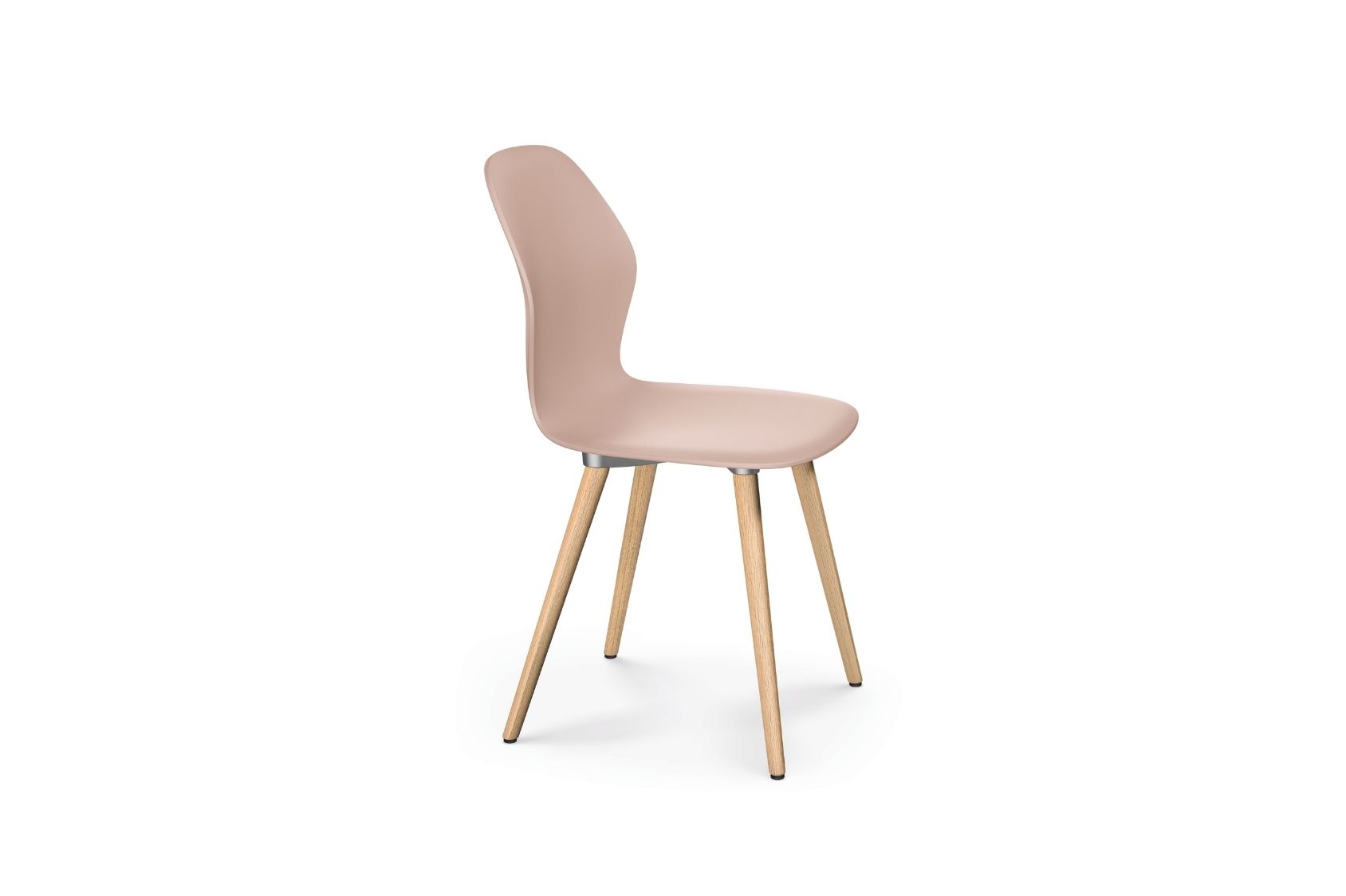 se:spot Stuhl mit ergonomisch geformter, rosa Sitzschale und vier schlanken Holzbeinen