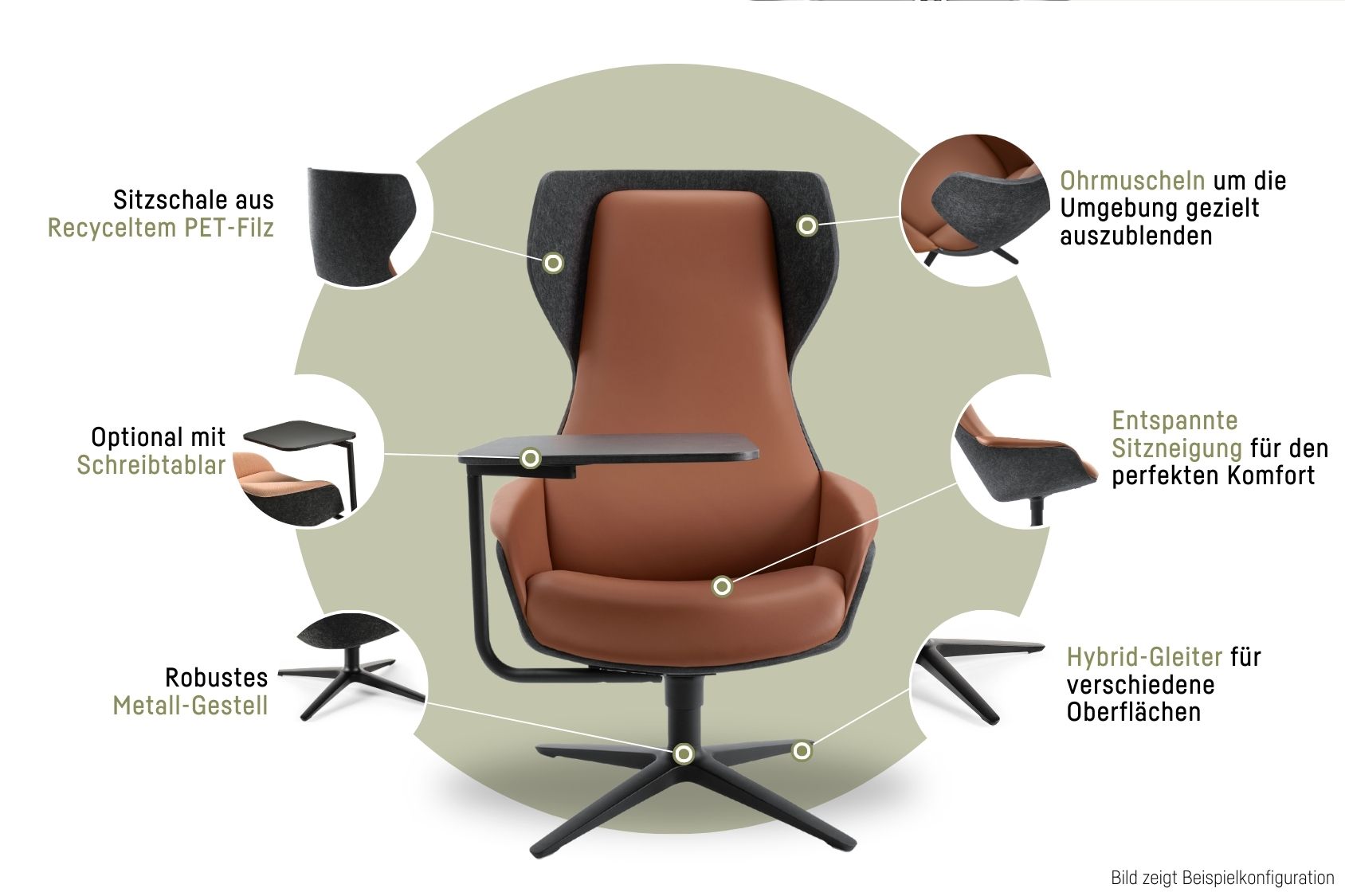 se:lounge Sessel mit Sitzschale aus recyceltem PET-Filz, Ohrmuscheln zum Ausblenden der Umgebung, optionalem Schreibtablar, entspanntem Sitzneigung für Komfort und robustem Metall-Gestell mit Hybrid-Gleitern für verschiedene Oberflächen