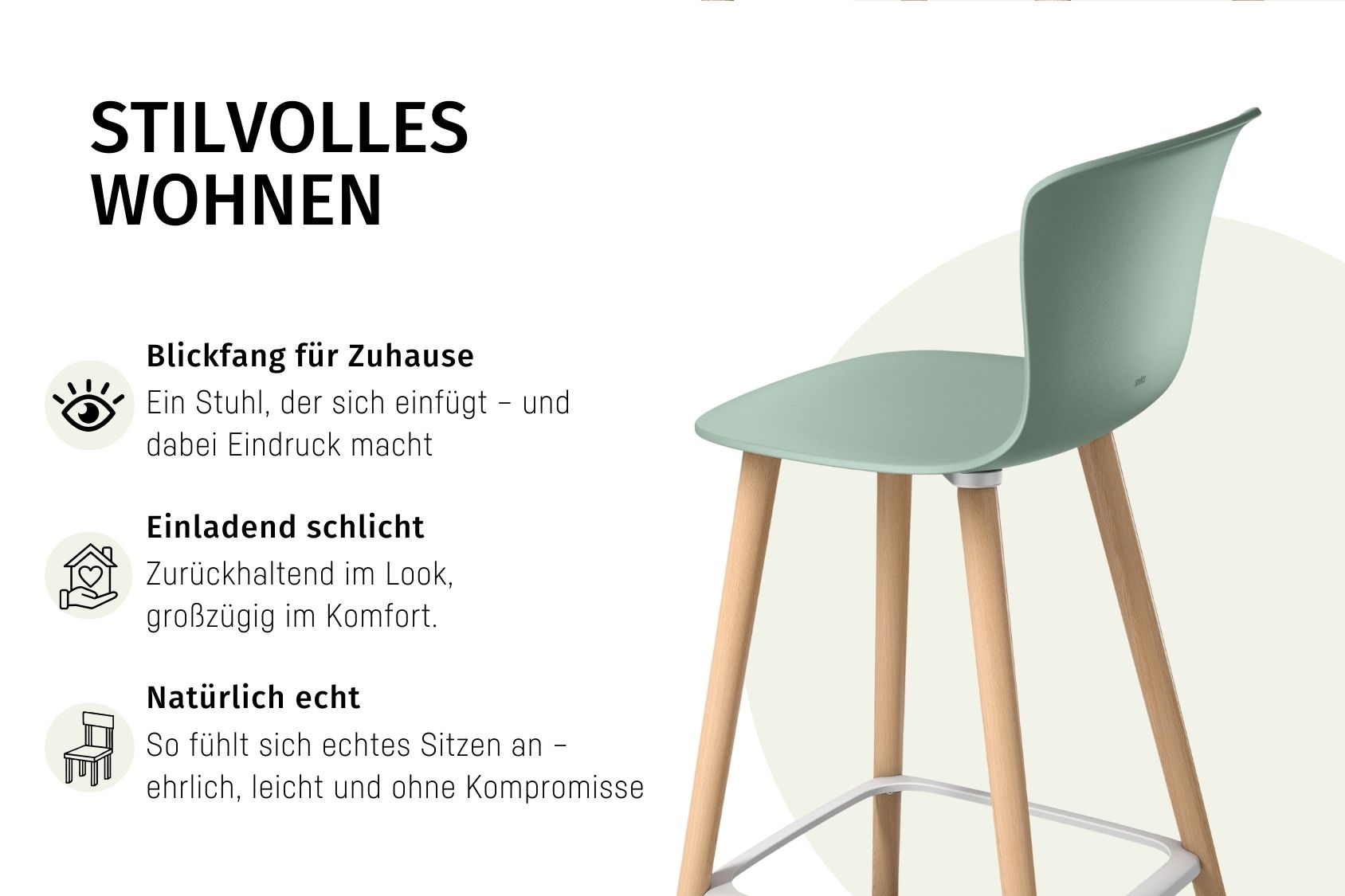 se:spot stool mit grünem Sitz und Rückenlehne, Holzbeinen und Metallfußstütze, modernes, schlichtes Design; Text beschreibt Stilvolles Wohnen mit Blickfang, einladend schlicht und natürlich echt