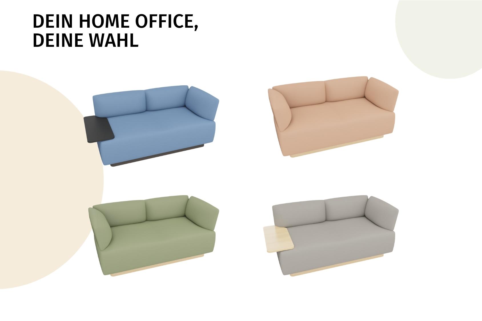 Vier se:living Sofas im modernen Design mit klaren Linien und abgerundeten Armlehnen in Blau, Beige, Grün und Grau, dazu der Text 'DEIN HOME OFFICE, DEINE WAHL'
