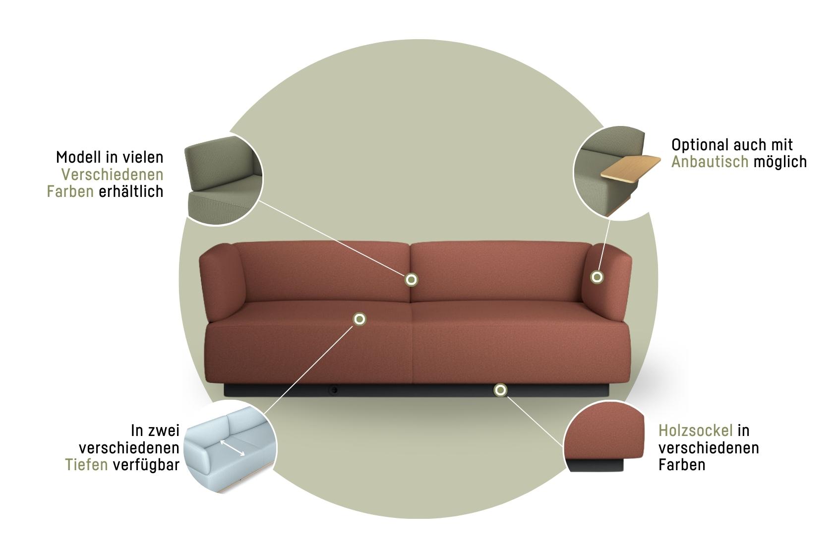se:living Sofa, modernes Design mit klaren Linien, erhältlich in vielen Farben, optional mit Anbautisch, zwei Tiefen verfügbar, Holzsockel in verschiedenen Farben