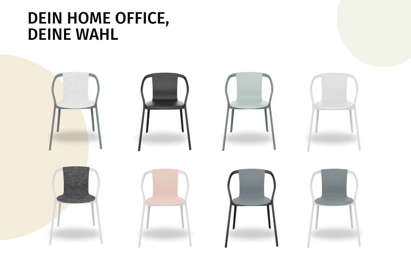 Acht Varianten des se:mood in verschiedenen Farben und Materialien, präsentiert als Auswahl für das Home Office.