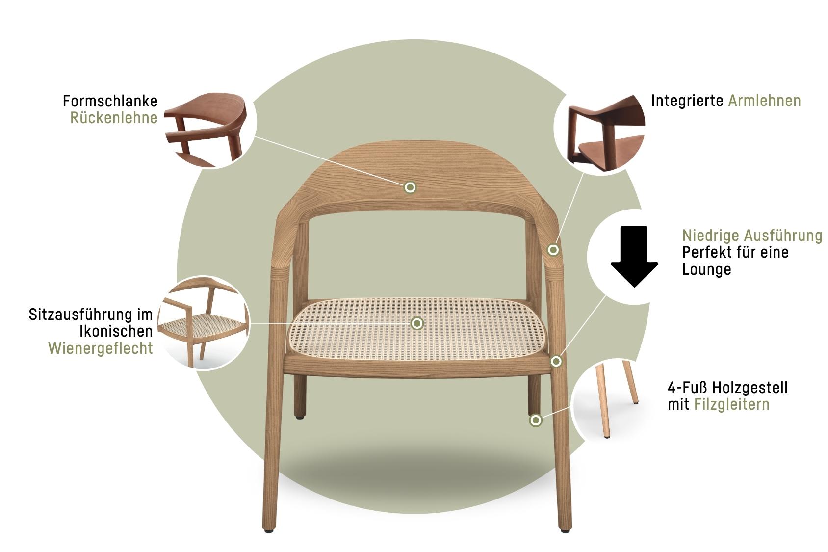 se:cafe wooden chair mit formschlanker Rückenlehne, integrierten Armlehnen, Sitz aus ikonischem Wiener Geflecht, niedriger Ausführung für Lounge, 4-Fuß Holzgestell mit Filzgleitern