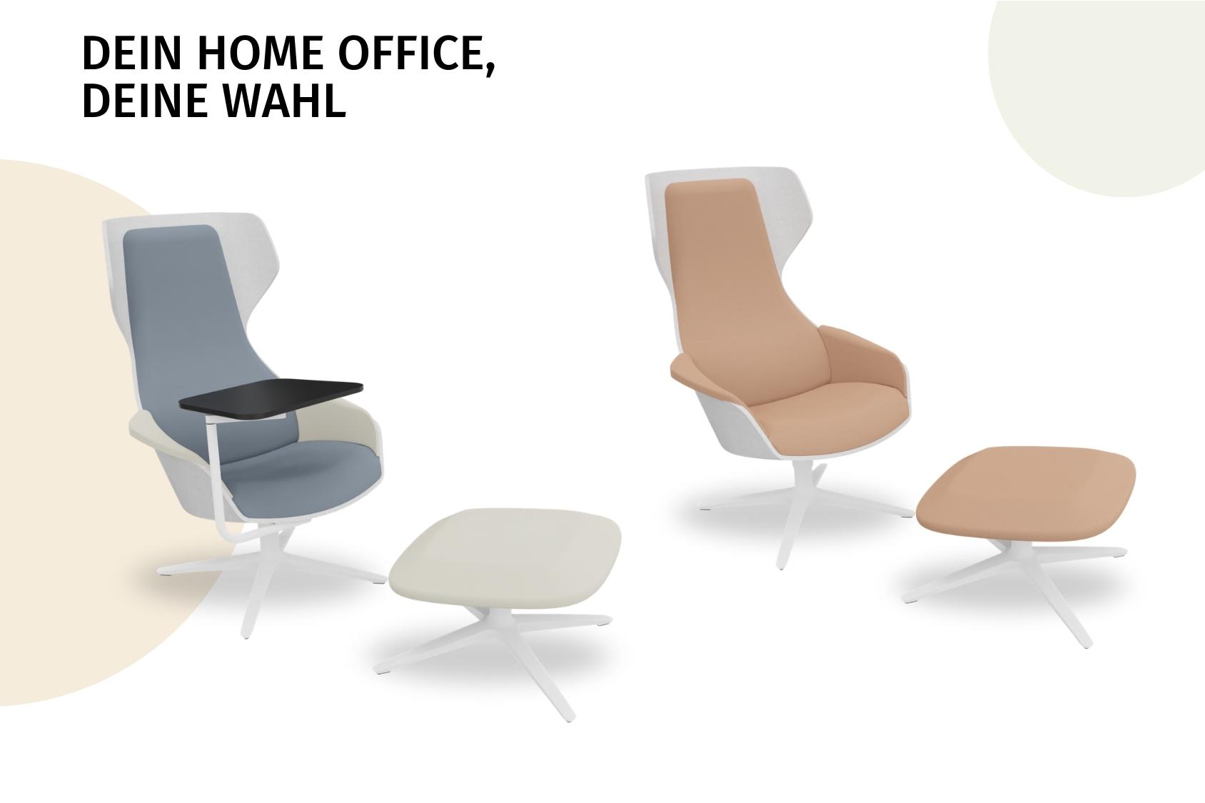 Zwei se:lounge Ottoman Stühle mit passenden Fußhockern, einer in Grau mit schwarzem Tisch, der andere in Beige, als Home-Office-Konfigurationen