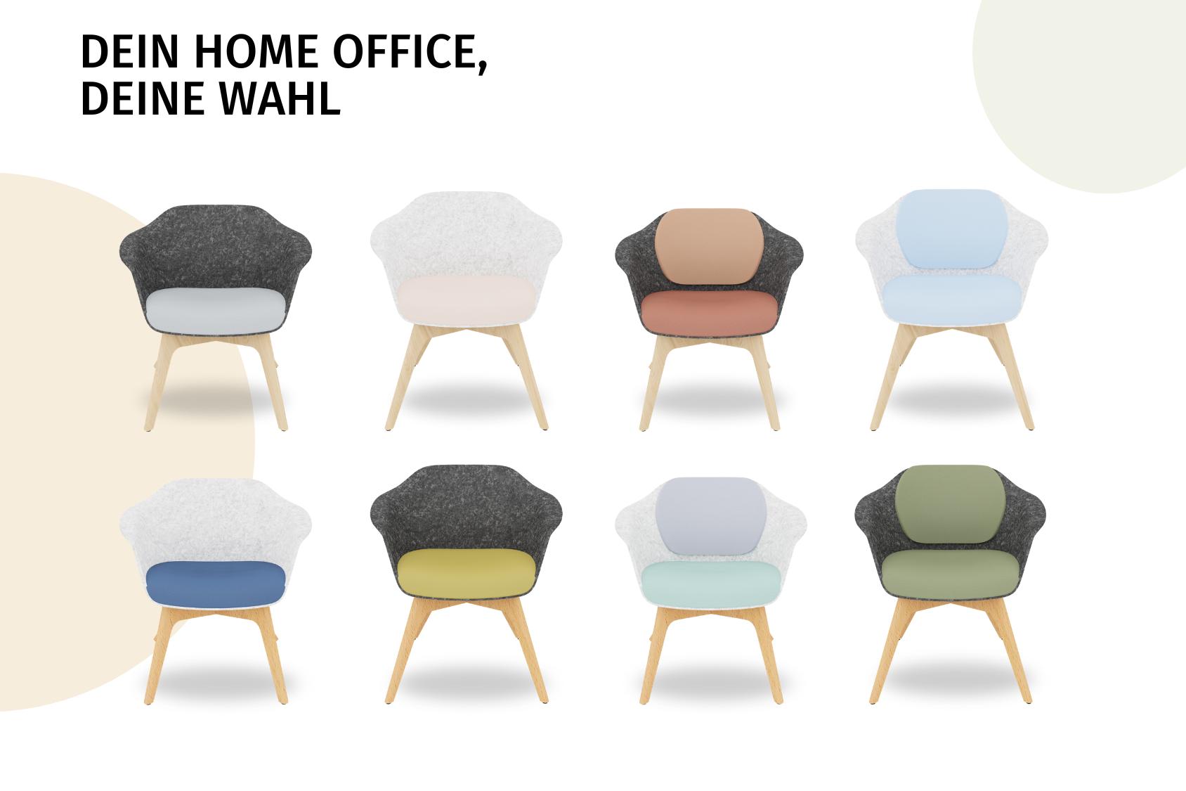 Acht se:lounge light Bürostühle mit Holzbeinen in verschiedenen Farbkombinationen, angeordnet in zwei Reihen vor hellem Hintergrund mit dem Text 'DEIN HOME OFFICE, DEINE WAHL'