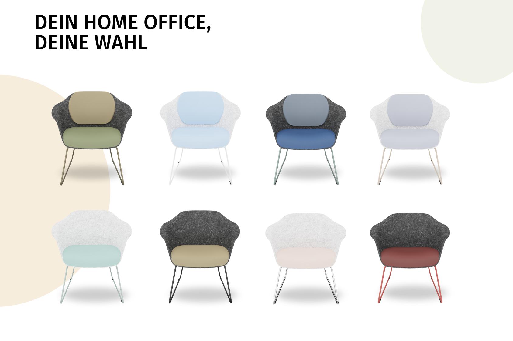 Acht se:lounge light Bürostühle mit Stahlgestell in verschiedenen Farbkombinationen, präsentiert als Auswahl für das Home Office.
