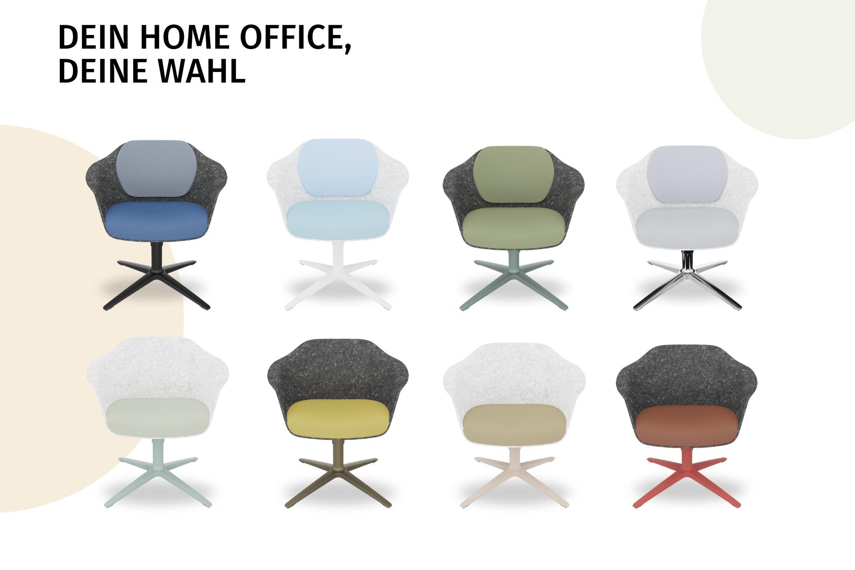 Acht se:lounge light Bürostühle in verschiedenen Farbkombinationen, jeweils mit gepolstertem Rücken- und Sitzteil, drehbarem Sternfuß. Text 'DEIN HOME OFFICE, DEINE WAHL' oben links.