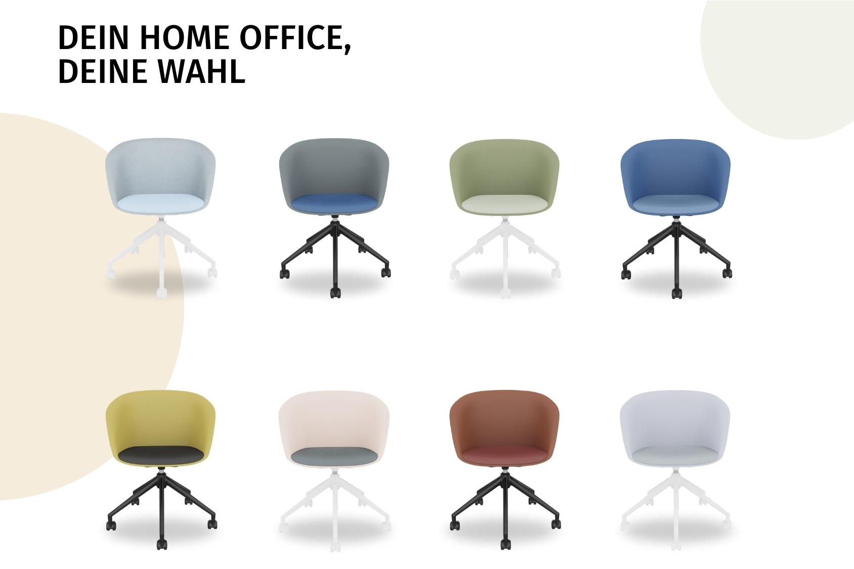 Acht on spot cosy Bürostühle in verschiedenen Farben und mit weißen oder schwarzen Rollen, angeordnet in zwei Reihen unter dem Text 'DEIN HOME OFFICE, DEINE WAHL'