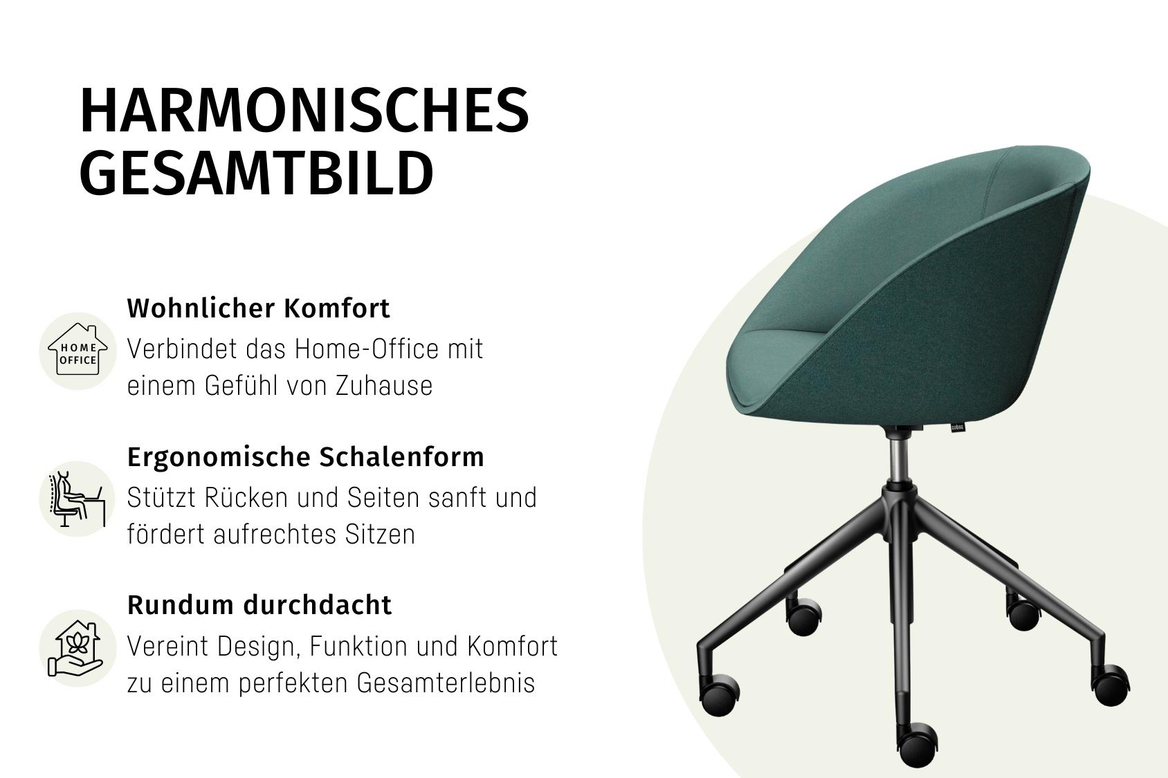 Der on spot cosy Bürostuhl mit ergonomischer Schalenform auf fünf Rollen, neben Texten zu wohnlichem Komfort, ergonomischer Unterstützung und durchdachtem Design.