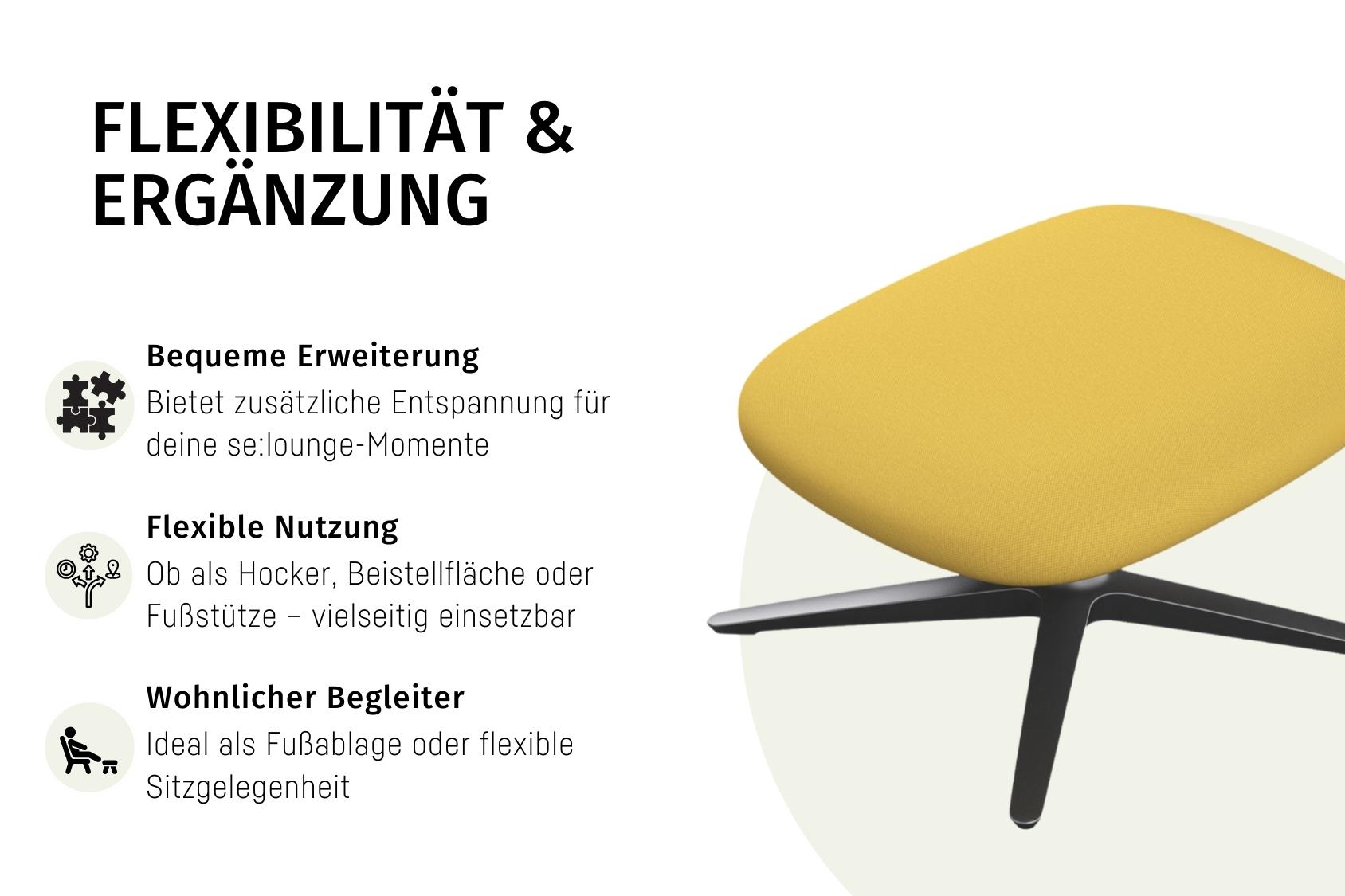 se:lounge Ottoman in gelb mit schwarzem Gestell, vielseitig nutzbar als Hocker, Beistelltisch oder Fußstütze, bietet zusätzliche Entspannung und flexible Sitzgelegenheit