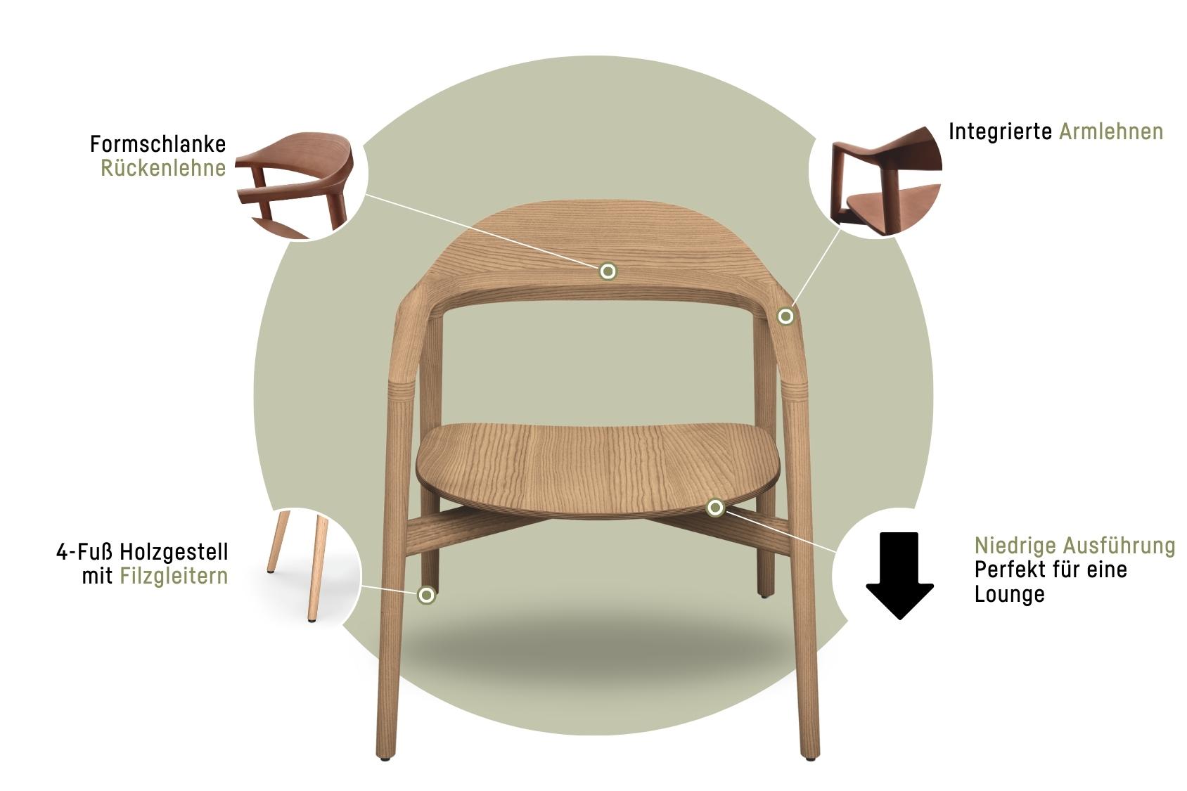 se:cafe wooden chair mit formschlanker Rückenlehne, integrierten Armlehnen, 4-Fuß Holzgestell mit Filzgleitern, niedrige Ausführung für Lounge