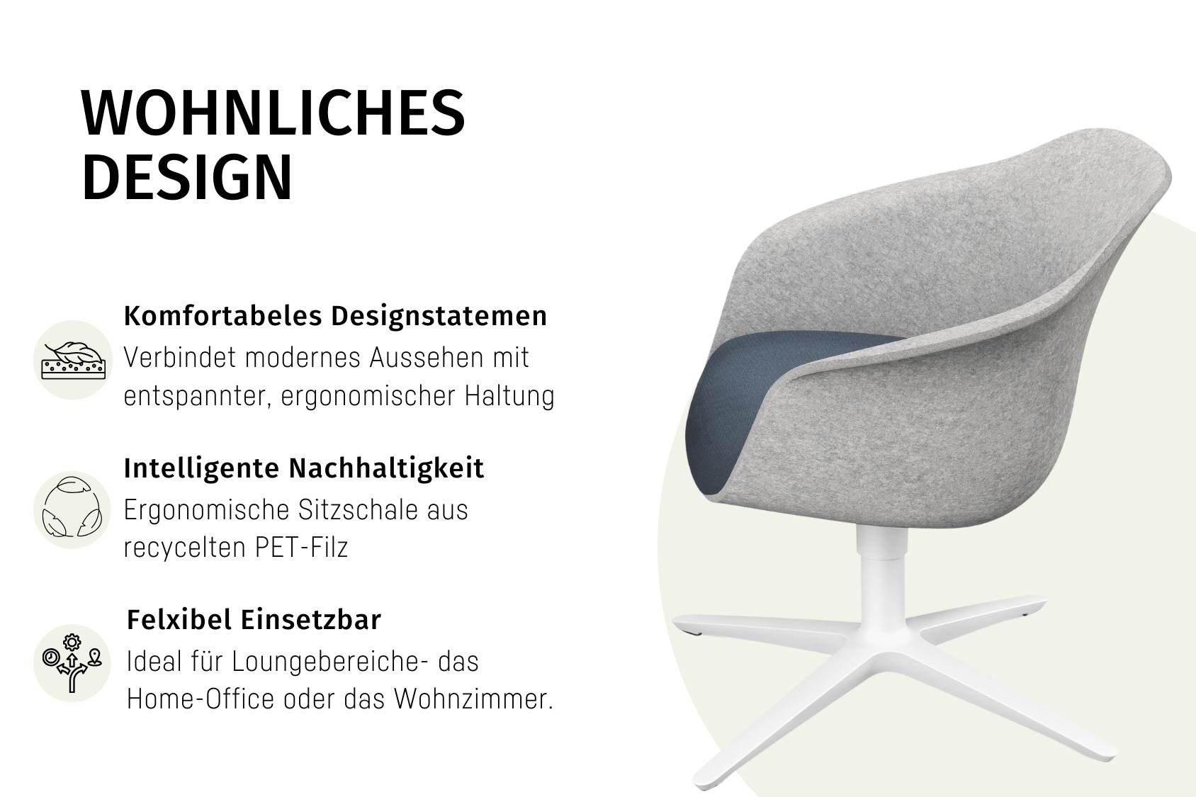 se:lounge light Bürostuhl mit ergonomischer Sitzschale aus recyceltem PET-Filz, grauer Polsterung und weißem 4-Sternfuß, ideal für Home-Office und Wohnzimmer