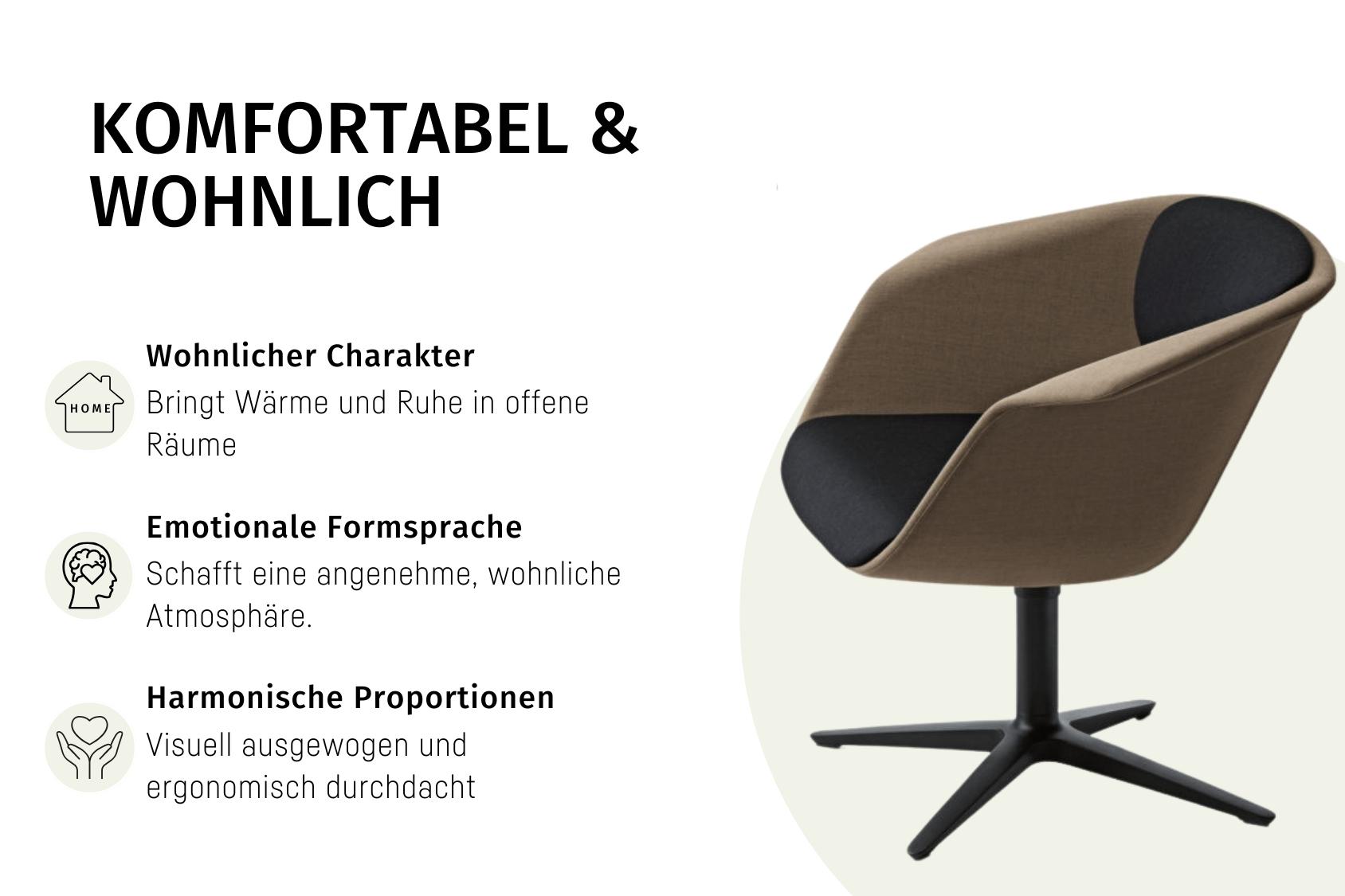 Der sweetspot mit braunem gepolstertem Sitz und schwarzem Metallfuß, betont Komfort, wohnlichen Charakter, emotionale Formsprache und harmonische Proportionen.