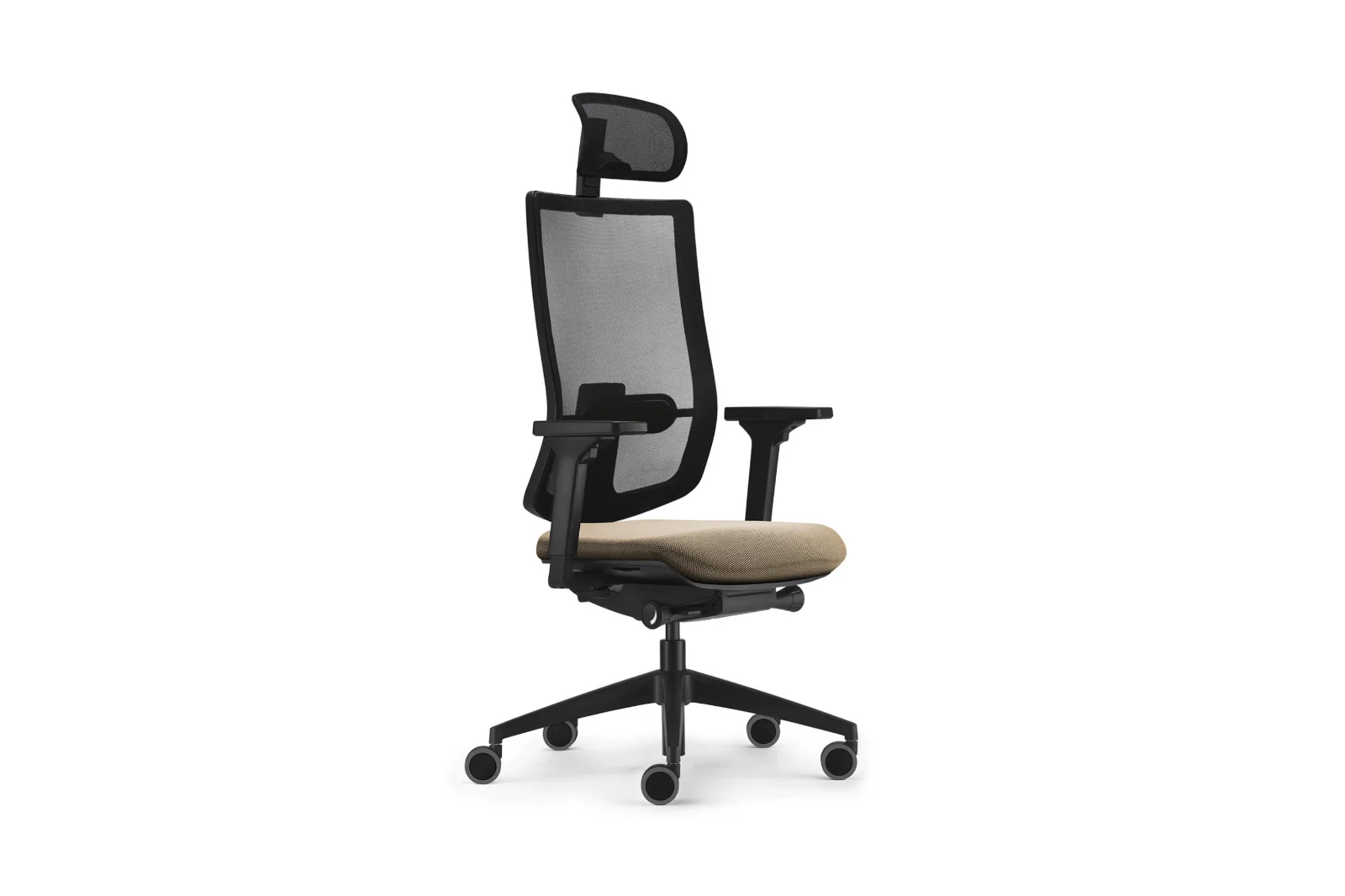 Bürostuhl mit Netzmembran, Sitzpolster in Beige, Armlehnen, Nackenstütze und Rollen
