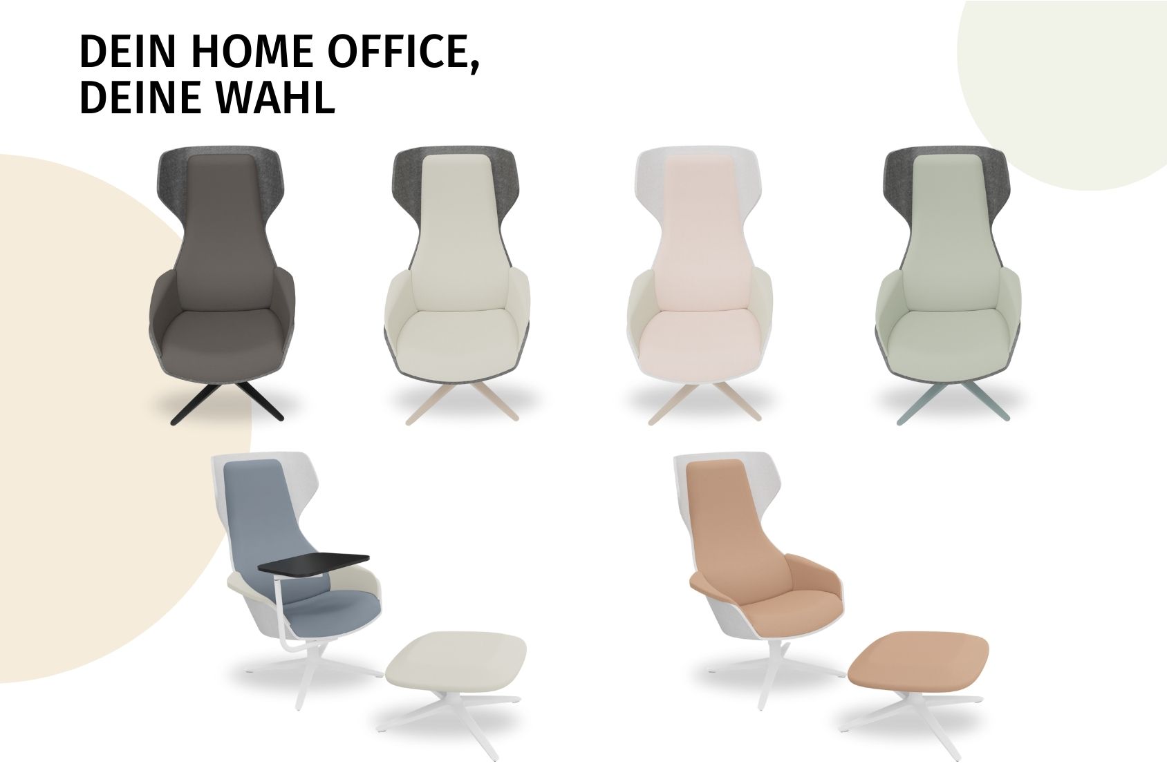Se:lounge Home Office Stühle in verschiedenen Farben und Designs, mit und ohne Fußhocker, Text 'DEIN HOME OFFICE, DEINE WAHL' oben links