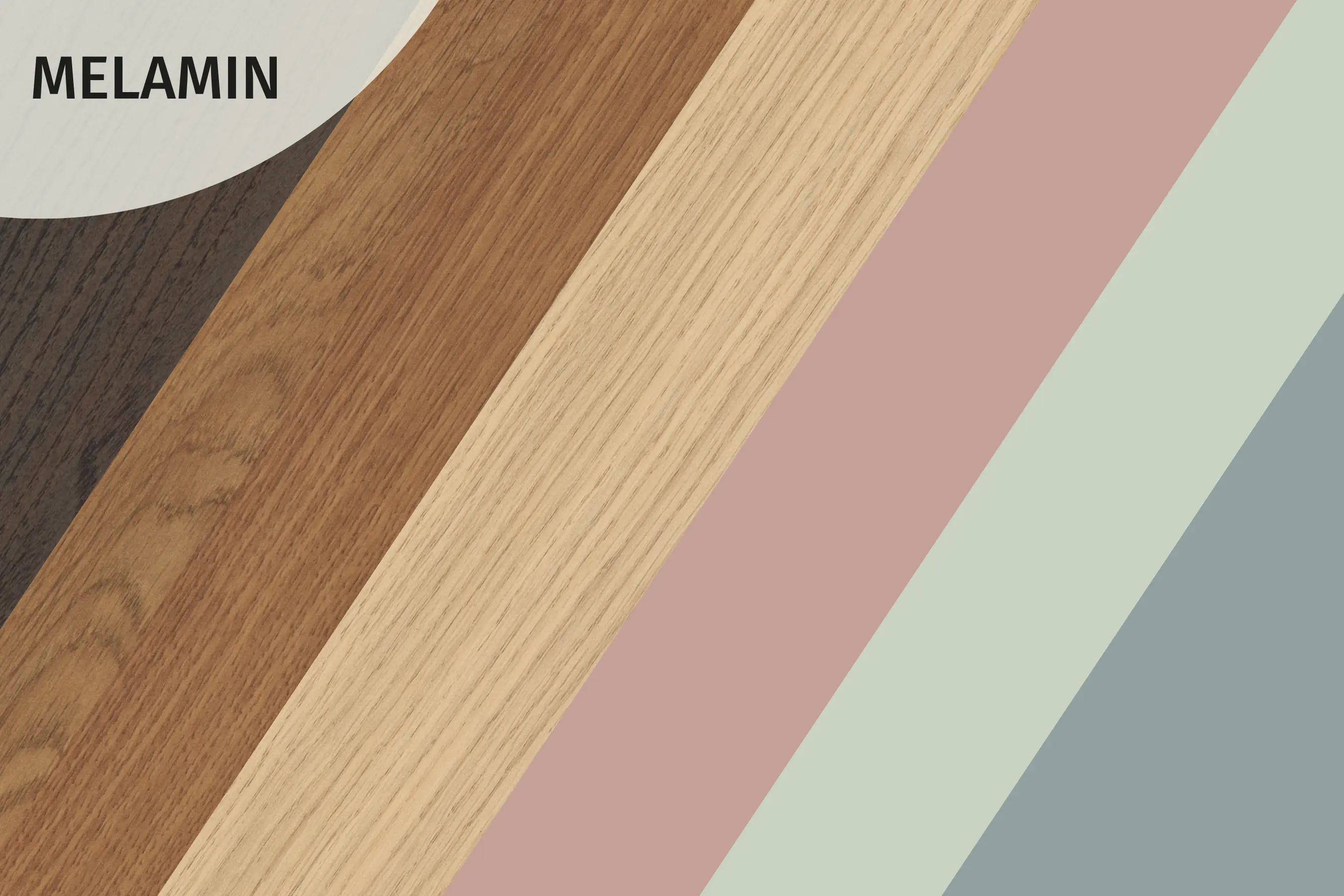 Übersicht verschiedener Melaminoberflächen in Holz und Designoptik