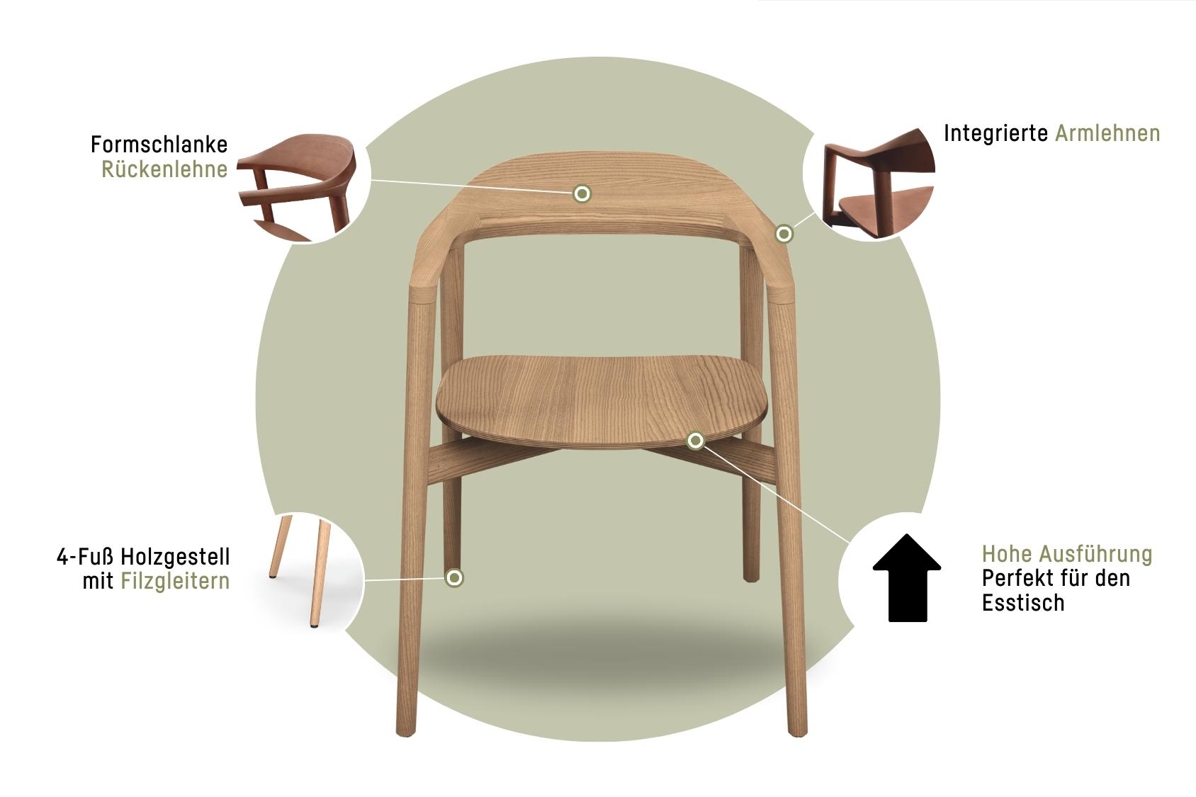 se:cafe wooden chair mit formschlanker Rückenlehne, integrierten Armlehnen, 4-Fuß Holzgestell mit Filzgleitern, hohe Ausführung ideal für Esstisch