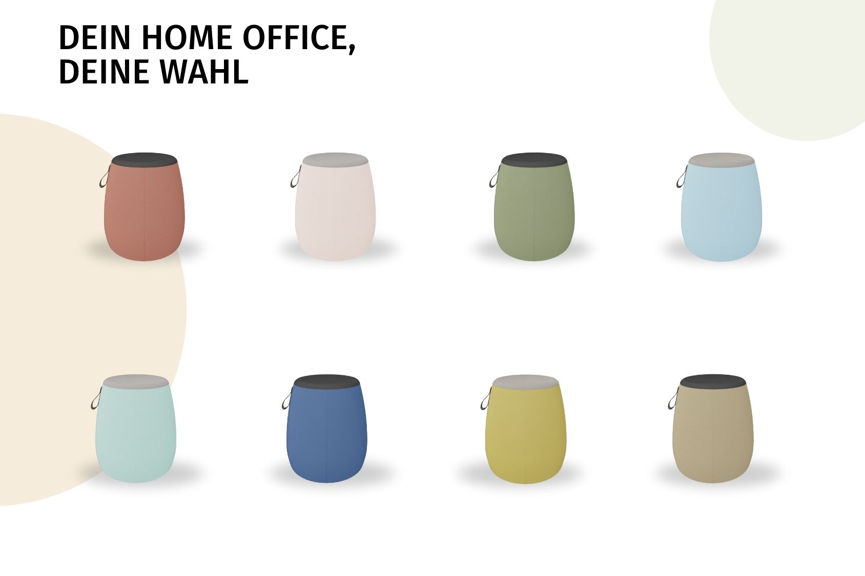 Acht se:dot Hocker in verschiedenen Farben: terrakotta, creme, olivgrün, hellblau, mintgrün, dunkelblau, senfgelb und beige. Text: 'DEIN HOME OFFICE, DEINE WAHL'.