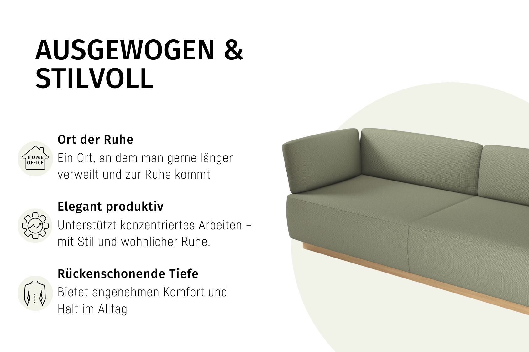 Zweisitziges se:living Sofa mit schlichtem, modernem Design und niedriger Rückenlehne auf Holzsockel. Text beschreibt es als ausgewogen, stilvoll, ein Ort der Ruhe, elegant entspannt und rückenschonend mit angenehmer Tiefe.