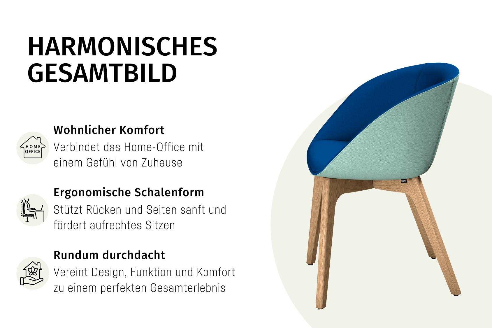 Der on spot cosy Bürostuhl mit ergonomischer Schalenform, blauem Sitz und hellen Holzbeinen, bietet wohnlichen Komfort und fördert aufrechtes Sitzen.
