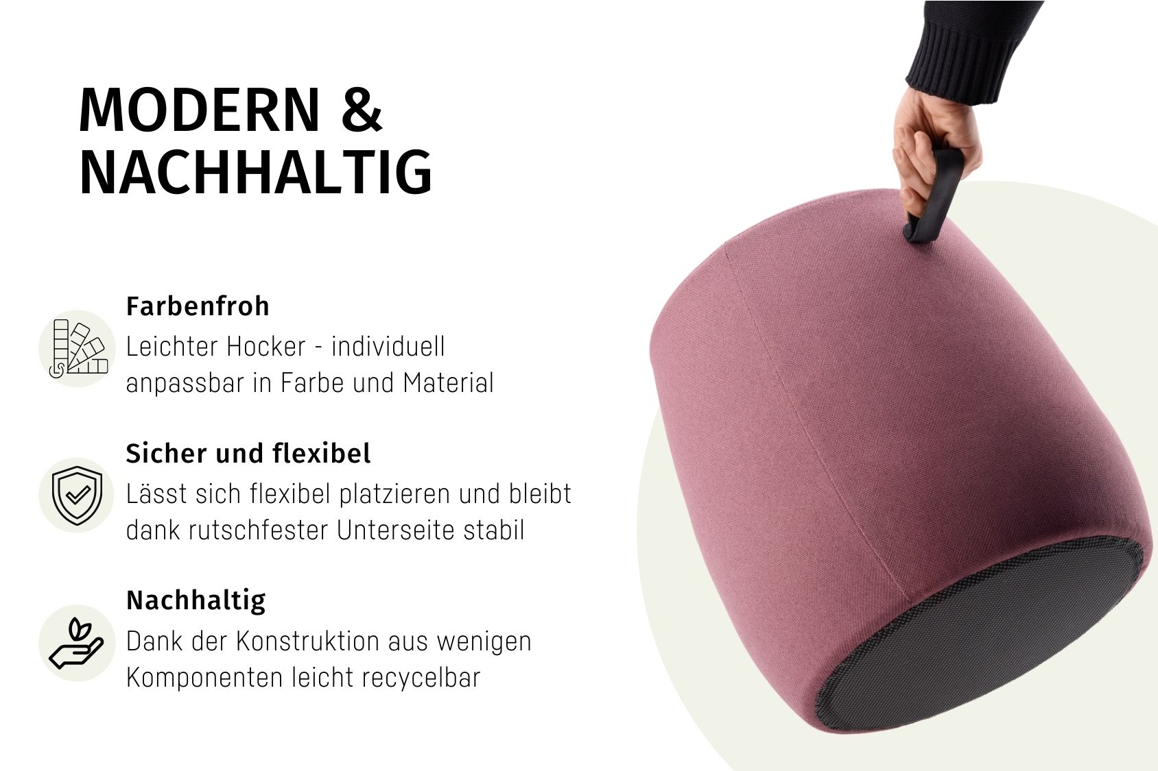 se:dot Hocker mit rundem, weichem Design in Rosa, leicht und mit Griff zum einfachen Tragen, rutschfeste Unterseite, individuell anpassbar in Farbe und Material, nachhaltig und recycelbar