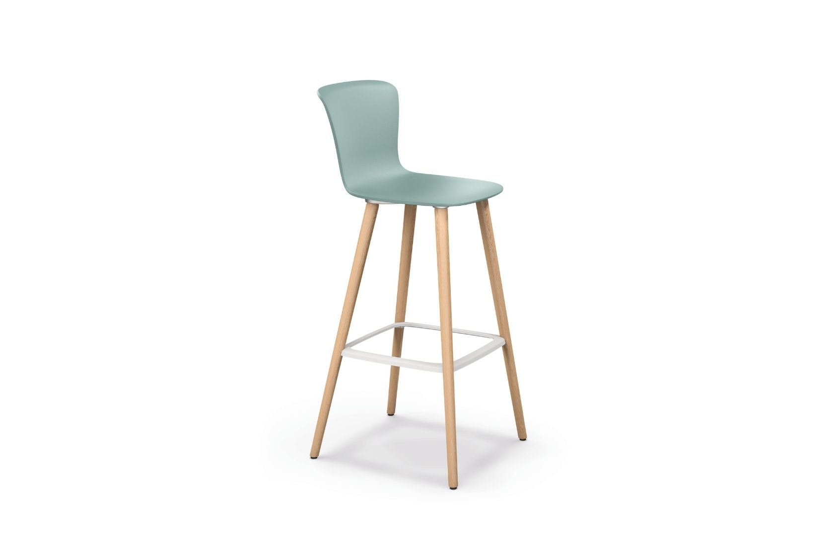 se:spot stool Barhocker mit grünem, ergonomisch geformtem Sitz und Rückenlehne, vier Holzbeine mit Metallfußstütze