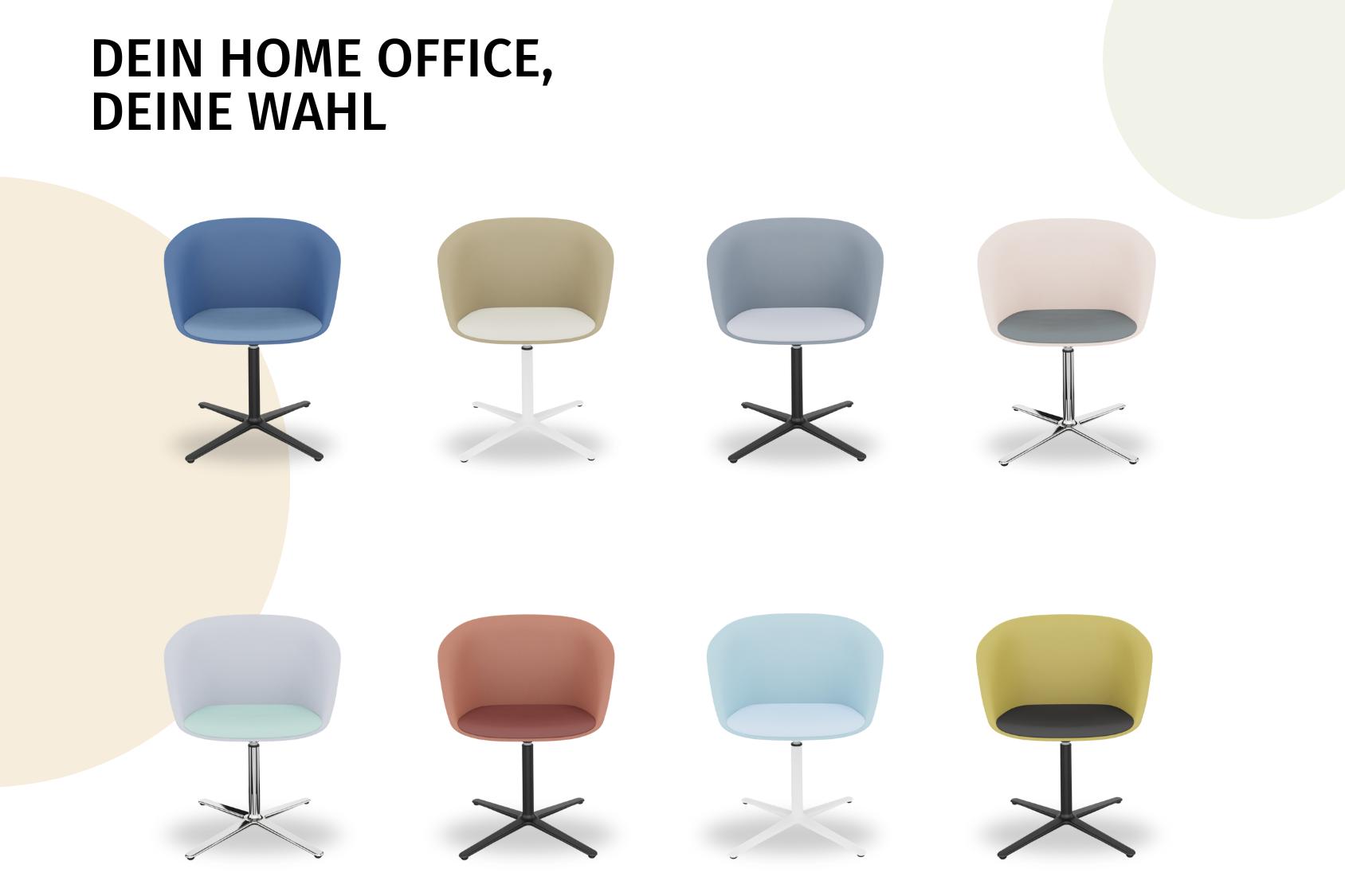 Acht on spot cosy Bürostühle in verschiedenen Farben und mit bunten Fußgestellen, angeordnet in zwei Reihen, mit dem Text 'DEIN HOME OFFICE, DEINE WAHL' oben links.